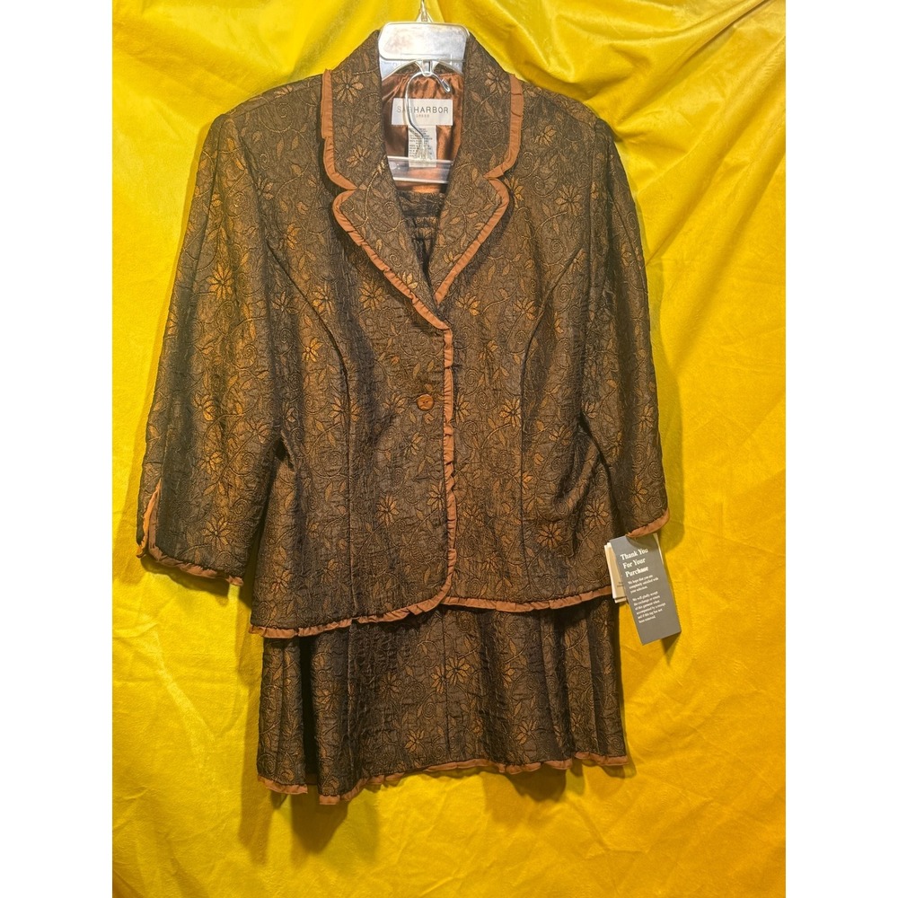 Sag Harbor Dress Bronze Floral Brocade Skirt Suit Set Ruffle Trim 14 NWT